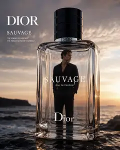 Photorealistic image of a man dressed in black standing inside a large transparent glass perfume bottle on rocky coast with sunset sky.