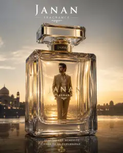 Photorealistic luxury fragrance advertisement showing a man inside a large transparent glass perfume bottle illuminated by warm sunlight with an ornate cityscape background.