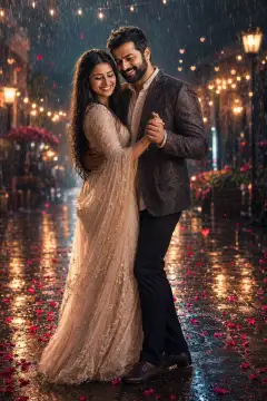 A couple slow dances closely in the rain on a wet street scattered with rose petals, illuminated by warm fairy lights and street lamps at night.