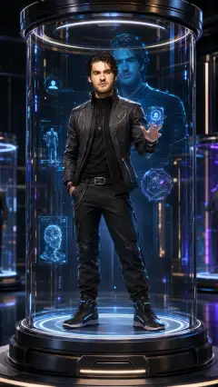 A semi-realistic 3D digital avatar of a man in futuristic black attire standing inside a cylindrical high-tech glass display with holographic digital elements and blue lighting.