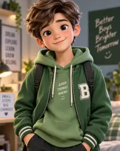 3D cartoon style portrait of a young male character wearing a green hoodie and varsity jacket with a backpack, smiling confidently indoors.