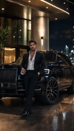 Stylish man in black suit standing confidently against a black Rolls-Royce Cullinan SUV in a luxurious night-time urban environment with elegant lighting.