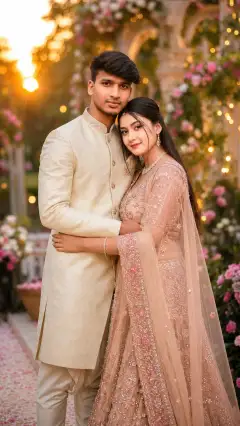 A young couple dressed in elegant traditional wedding attire embracing in a floral garden during sunset with warm, soft golden lighting.