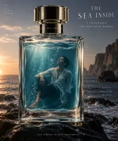 A luxury perfume bottle filled with seawater containing a man dressed in wet clothing, submerged underwater, set against a rocky ocean coastline at sunset.