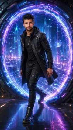 A 3D rendered man in black futuristic clothing stepping out of a glowing neon portal with a vibrant cyber cityscape in the background, featuring blue and purple lights.