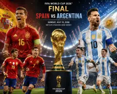 Photorealistic image of Spain vs Argentina football final with players celebrating and FIFA World Cup 2026 trophy in stadium