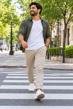 Smiling adult man in beige chinos, white sneakers, white t-shirt, and olive green open shirt walking confidently on a city crosswalk with trees and buildings in background.