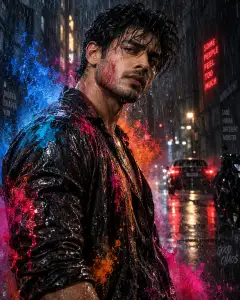 Wet adult male portrait with wet hair and soaked black shirt standing in rainy urban street at night with vibrant blue, pink, and orange paint splashes and city lights in background.