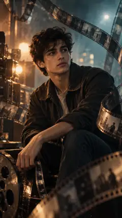 Young man in dark jacket seated among flowing vintage 35mm film strips with dramatic cinematic lighting and vintage film equipment in background.