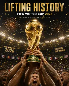 Football players celebrating with the FIFA World Cup 2026 trophy in a stadium, raising it high amid fireworks and confetti.