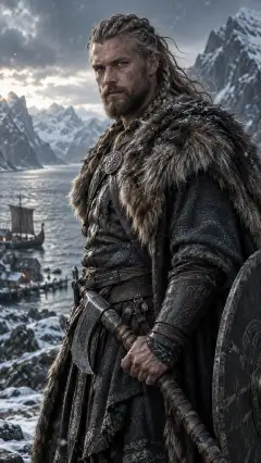 Photorealistic portrait of a Nordic Viking warrior in fur cloak holding an axe and shield, standing before a snowy fjord with Viking ship and mountains in background.