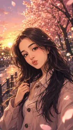 Anime-style portrait of a woman with long dark hair standing under blooming cherry blossom trees during sunset with glowing warm light.
