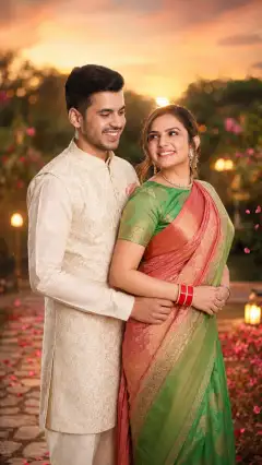 A smiling couple dressed in traditional Indian clothing embracing outdoors on a stone path covered with pink flower petals at sunset with a soft glowing background.
