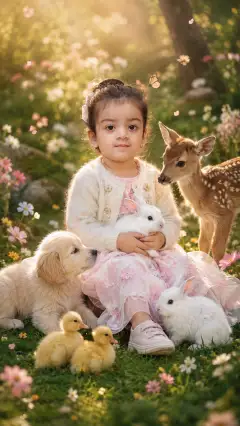 A young child in a pink dress and light sweater sitting on grass surrounded by a puppy, baby deer, rabbits, and ducklings in a magical garden with soft sunlight and flowers.