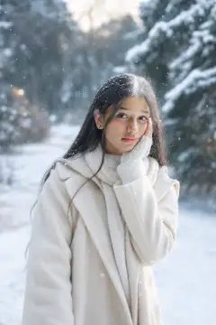 Portrait of a young woman wearing a cream winter coat and matching scarf outdoors with snow falling and snow-covered trees in the background.