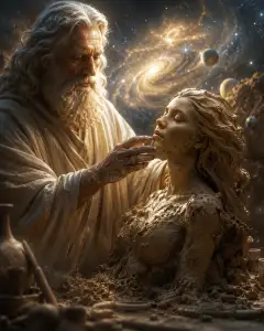 An ancient bearded man sculpting a clay female figure emerging from earth with a cosmic galaxy and planets in the background studio setting with warm golden lighting.