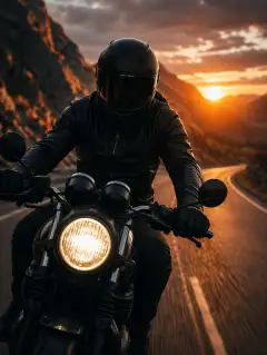 Motorcycle rider in black leather jacket and helmet riding on a winding mountain road at sunset with dramatic lighting and mountainous background.