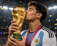 Close-up of a male football player in light blue and white jersey kissing a gold football championship trophy inside a stadium.