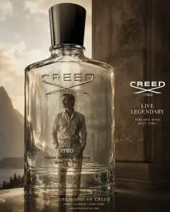 Photorealistic image of a man dressed in elegant ivory clothing standing inside a large transparent glass perfume bottle with embossed details, set against a classic architectural background with warm lighting.