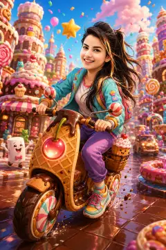 Cartoon character riding a waffle and chocolate dessert scooter through a colorful candy-themed city with giant sweets and lively candy characters.