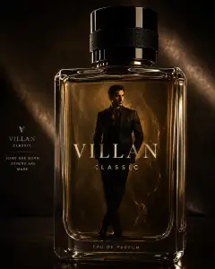 Advertisement showing a man in a black suit inside a large, transparent rectangular glass perfume bottle with a dark background and warm amber lighting