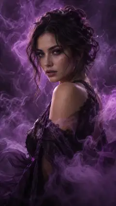 Cinematic portrait of a woman in dark lace fashion outfit surrounded by swirling purple smoke with moody lighting and artistic atmosphere.